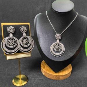 3 Pieces necklace silver stone for women-মহিলাদের জন্য ৩-পিস সিলভার স্টোন নেকলেস সেট, পার্টি, বিয়ে ও উৎসবের জন্য