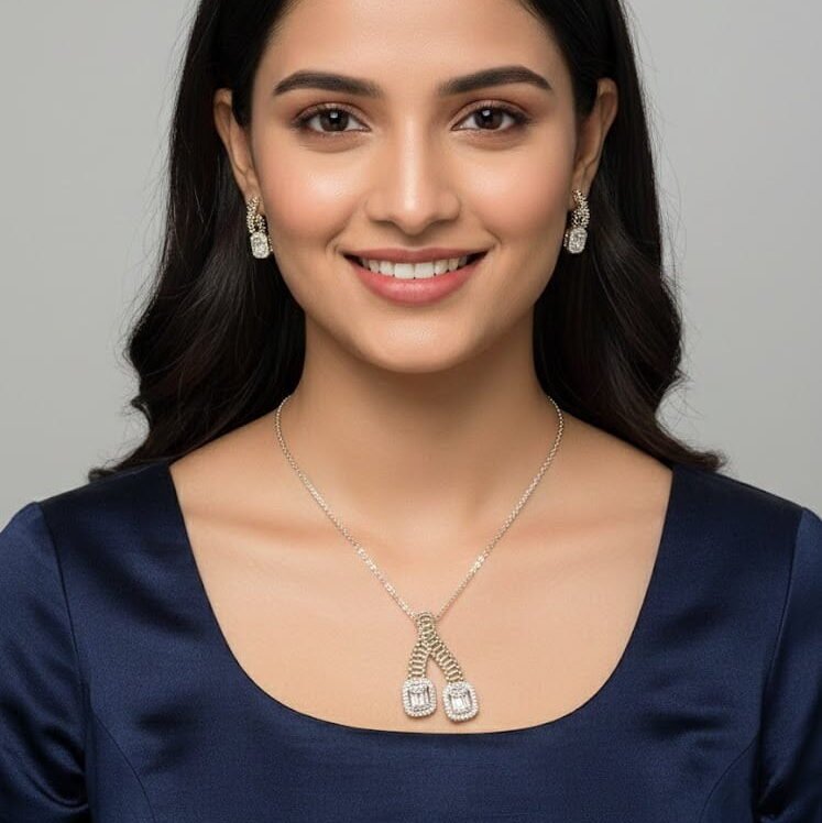 2 pieces silver stone necklace set for women-মহিলাদের ২-পিস সিলভার স্টোন নেকলেস সেট পার্টি, বিয়ে বা উৎসবে জন্য