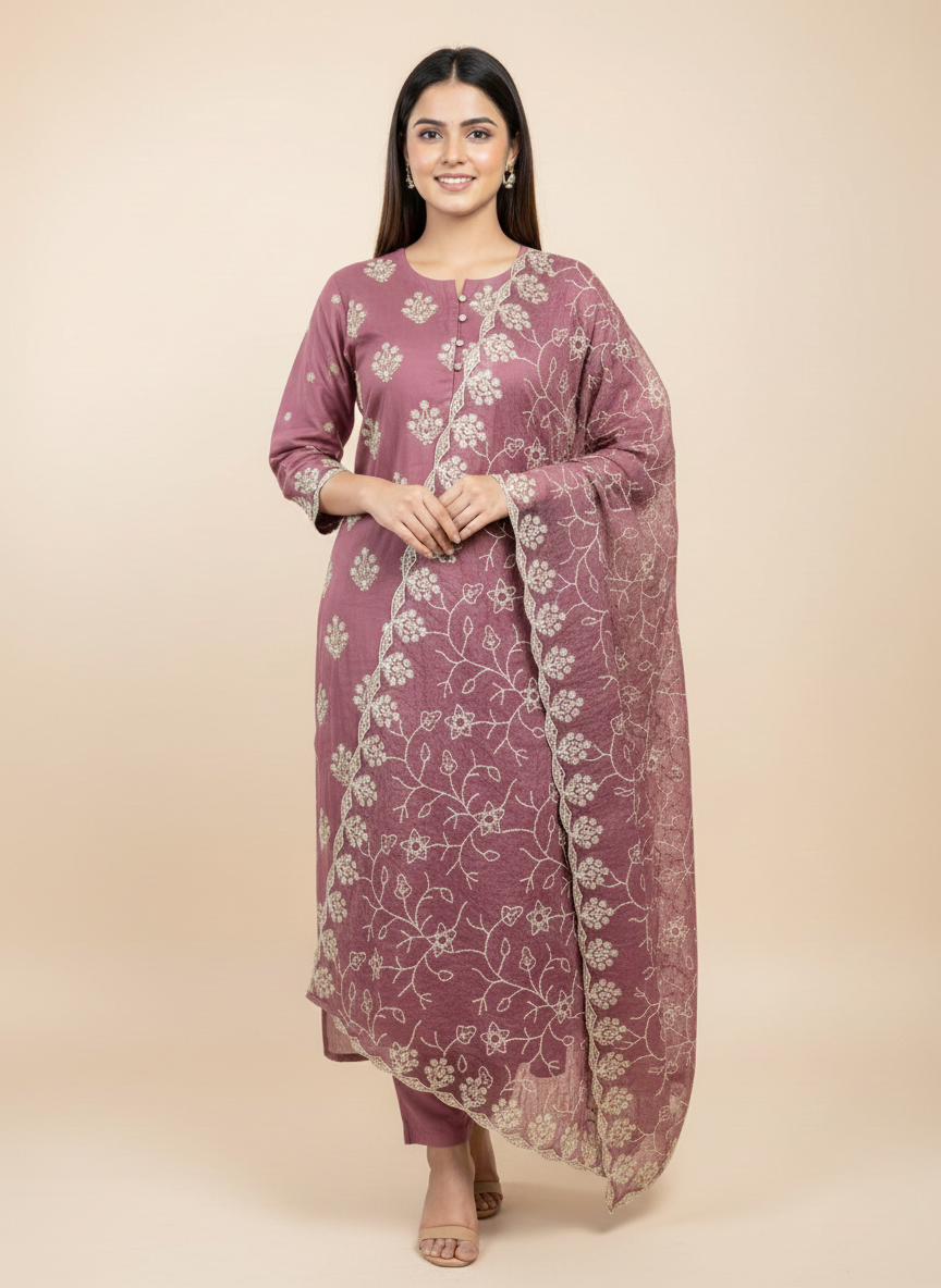 Elegant Zari/Thread Work Kurta Pant Set with Bordered Dupatta সুতি কুর্তা সেট - Image 2