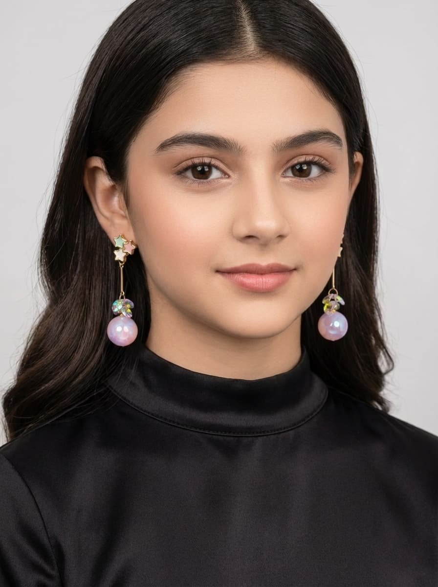 Fashion Drop Earrings with Pink Imitation Pearls & Colorful Star Design-পার্টি ও উৎসবে স্টাইল বাড়ানোর মহিলাদের পিঙ্ক পার্ল ও কালারফুল স্টার ফ্যাশন ড্রপ ইয়াররিংস - Image 3