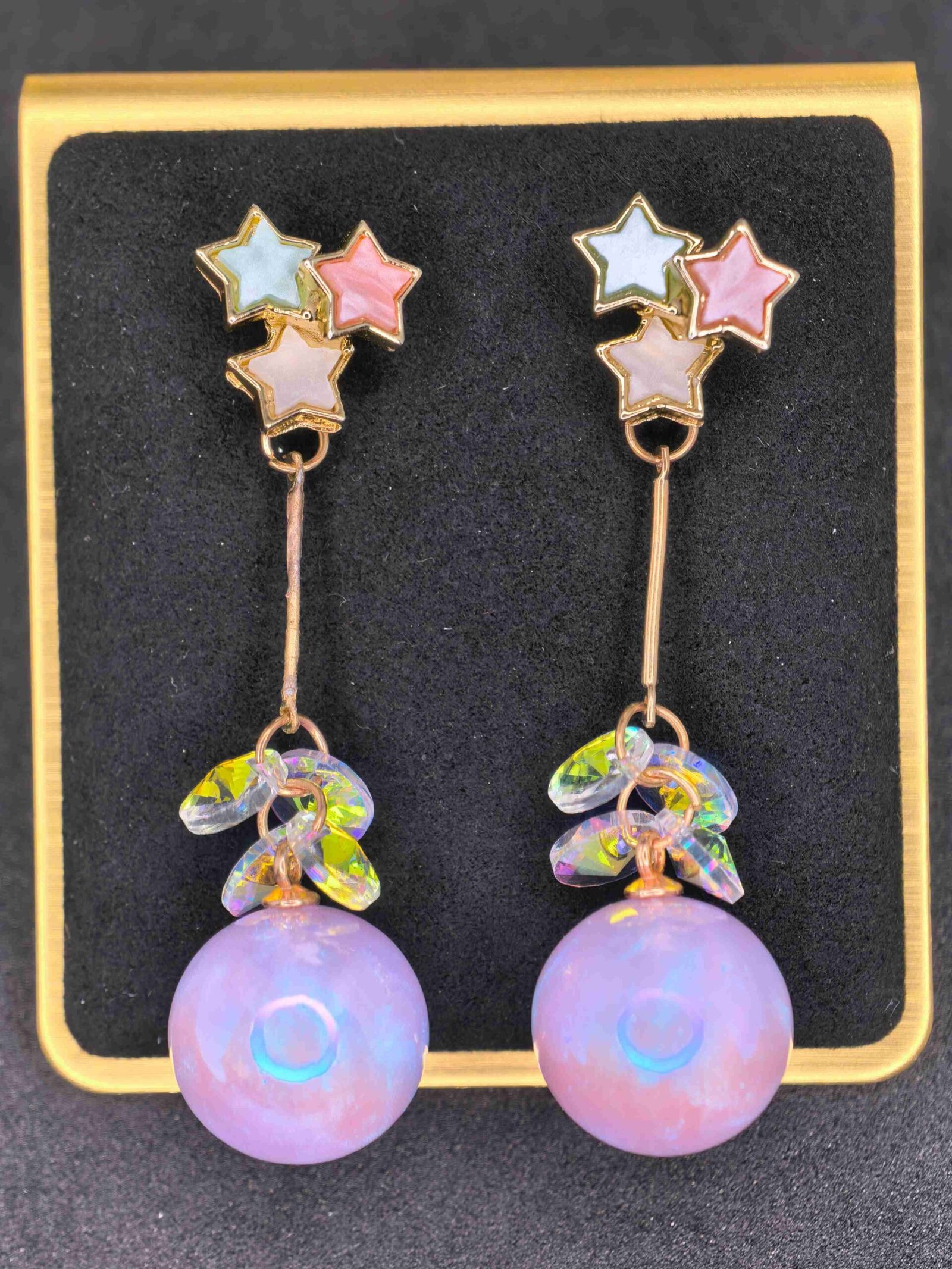 Fashion Drop Earrings with Pink Imitation Pearls & Colorful Star Design-পার্টি ও উৎসবে স্টাইল বাড়ানোর মহিলাদের পিঙ্ক পার্ল ও কালারফুল স্টার ফ্যাশন ড্রপ ইয়াররিংস - Image 2