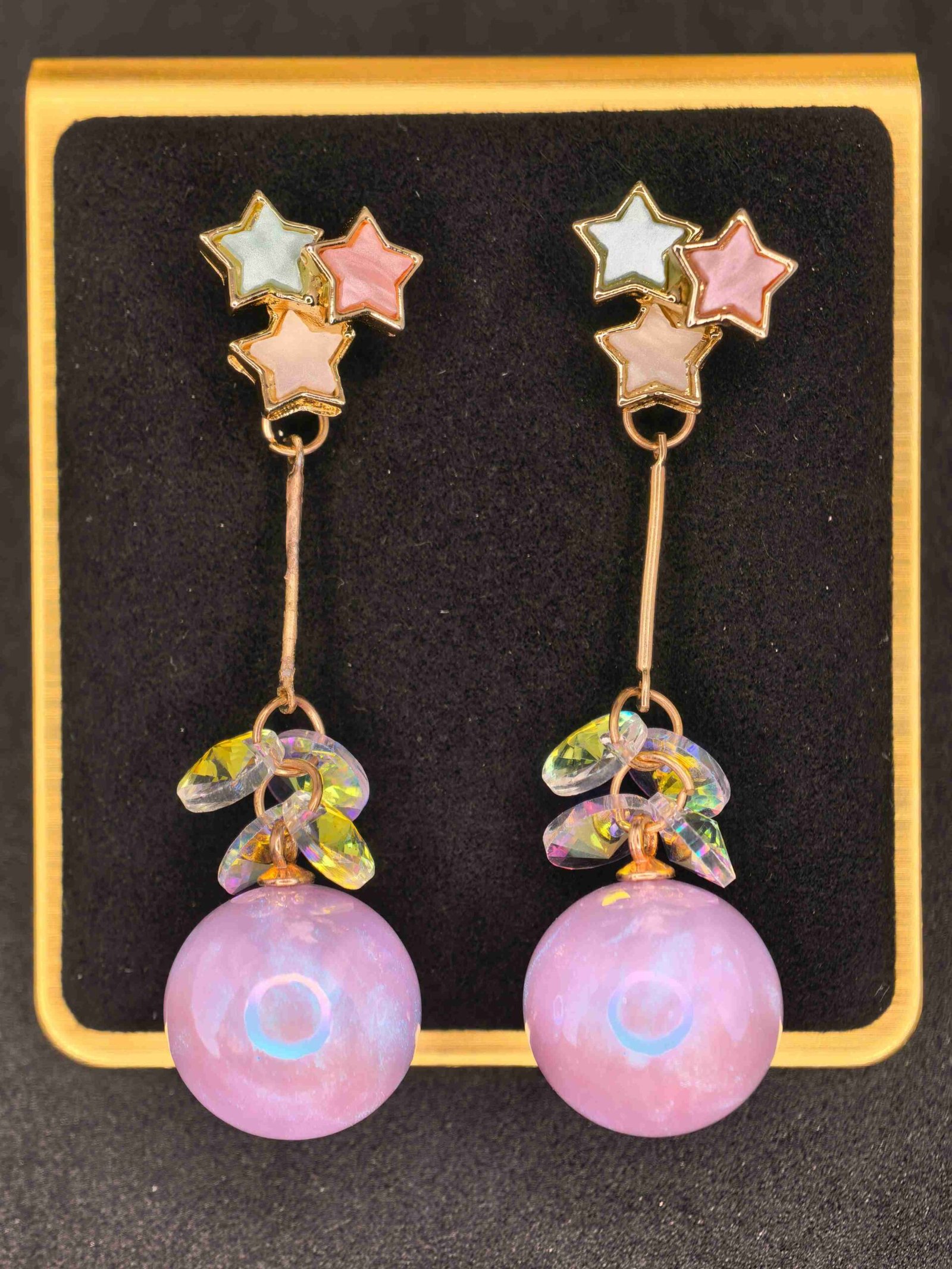 Fashion Drop Earrings with Pink Imitation Pearls & Colorful Star Design-পার্টি ও উৎসবে স্টাইল বাড়ানোর মহিলাদের পিঙ্ক পার্ল ও কালারফুল স্টার ফ্যাশন ড্রপ ইয়াররিংস