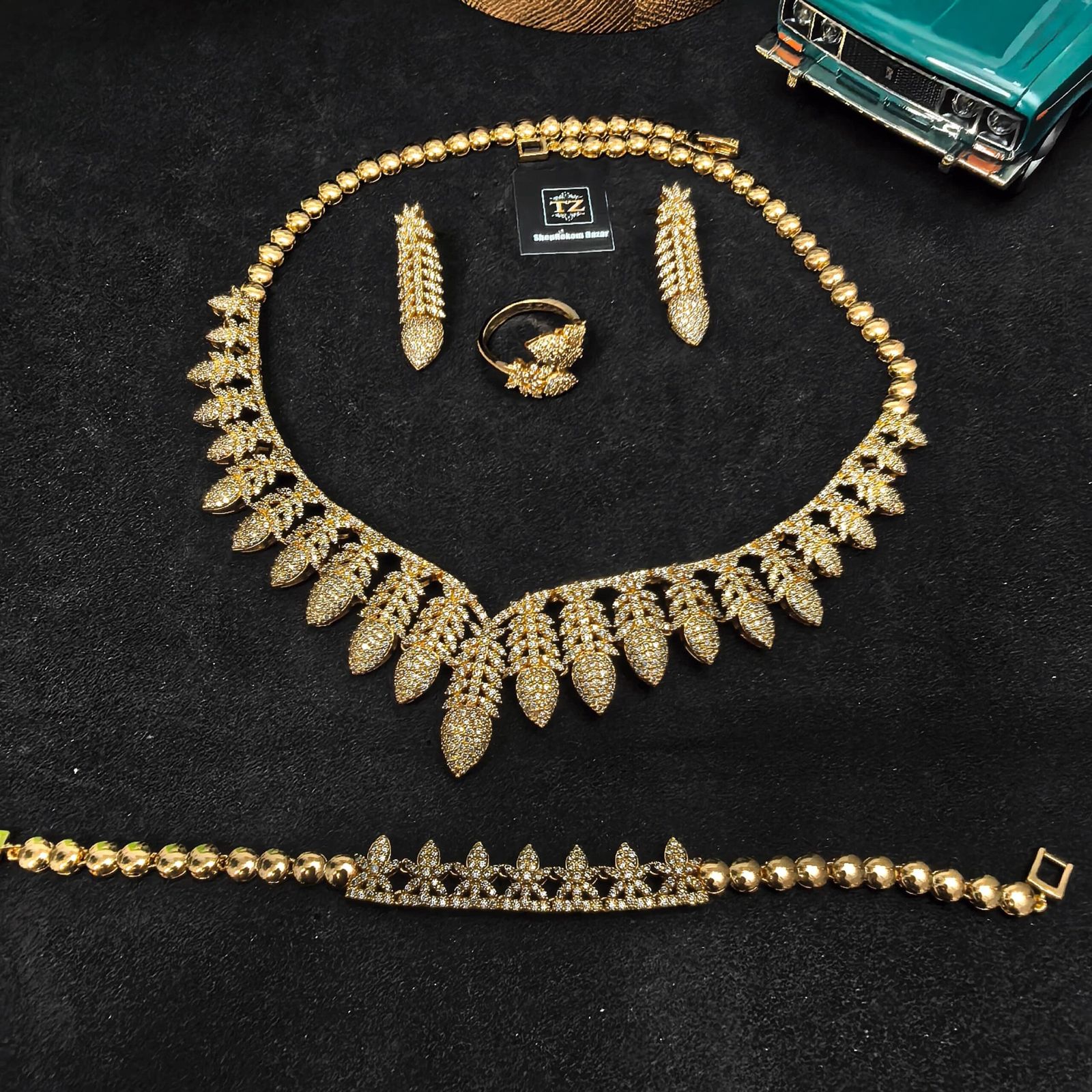 Four-Piece Golden Zirconia Set for Women | মহিলাদের পার্টি ও বিশেষ অনুষ্ঠানের জন্য স্টাইলিশ ৪-পিস গোল্ডেন জিরকোনিয়া সেট - Image 3