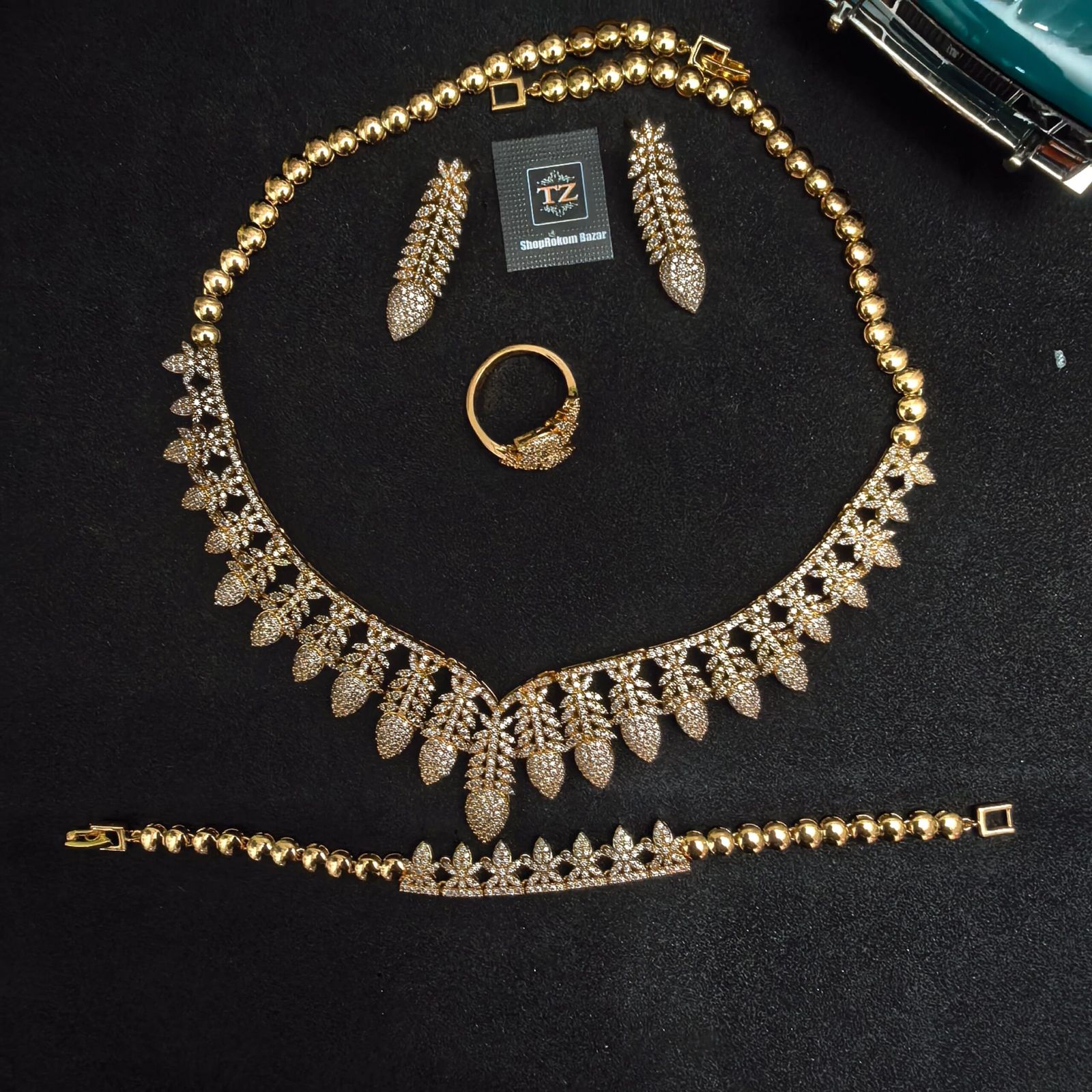 Four-Piece Golden Zirconia Set for Women | মহিলাদের পার্টি ও বিশেষ অনুষ্ঠানের জন্য স্টাইলিশ ৪-পিস গোল্ডেন জিরকোনিয়া সেট - Image 5