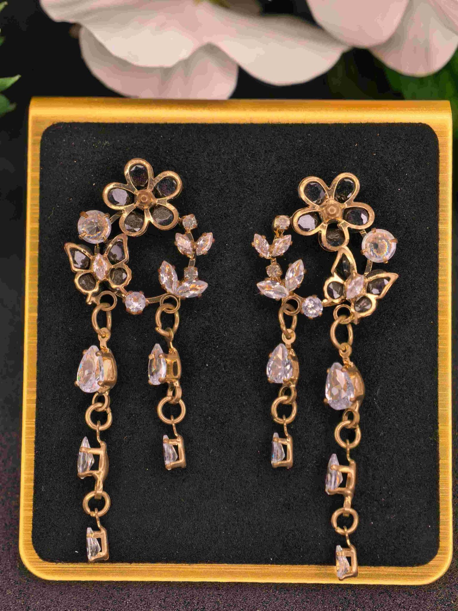 Gold Stone Dangling Floral Earrings with Black Stone for Women | মহিলাদের ব্ল্যাক স্টোন ও ফ্লোরাল গোল্ডেন ড্যাংলার ইয়াররিংস পার্টি ও বিয়ের জন্য - Image 3