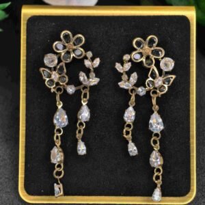 Gold Stone Dangling Floral Earrings with Black Stone for Women-মহিলাদের গোল্ড-ফ্লোরাল ড্যাঙ্গল ইয়াররিংস ব্ল্যাক স্টোনসহ, পার্টি ও বিয়েতে স্টাইল বাড়ানোর জন্য