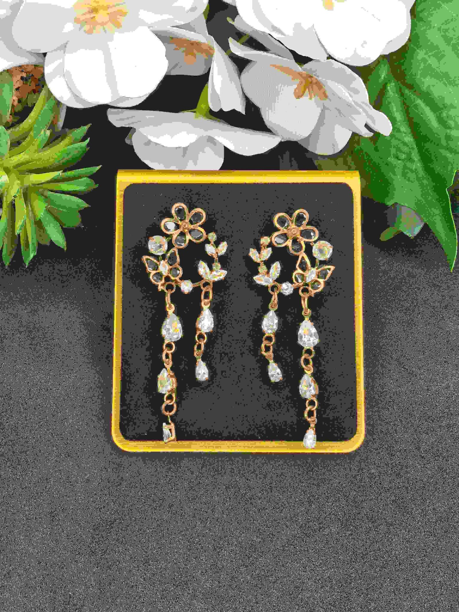 Gold Stone Dangling Floral Earrings with Black Stone for Women | মহিলাদের ব্ল্যাক স্টোন ও ফ্লোরাল গোল্ডেন ড্যাংলার ইয়াররিংস পার্টি ও বিয়ের জন্য - Image 4