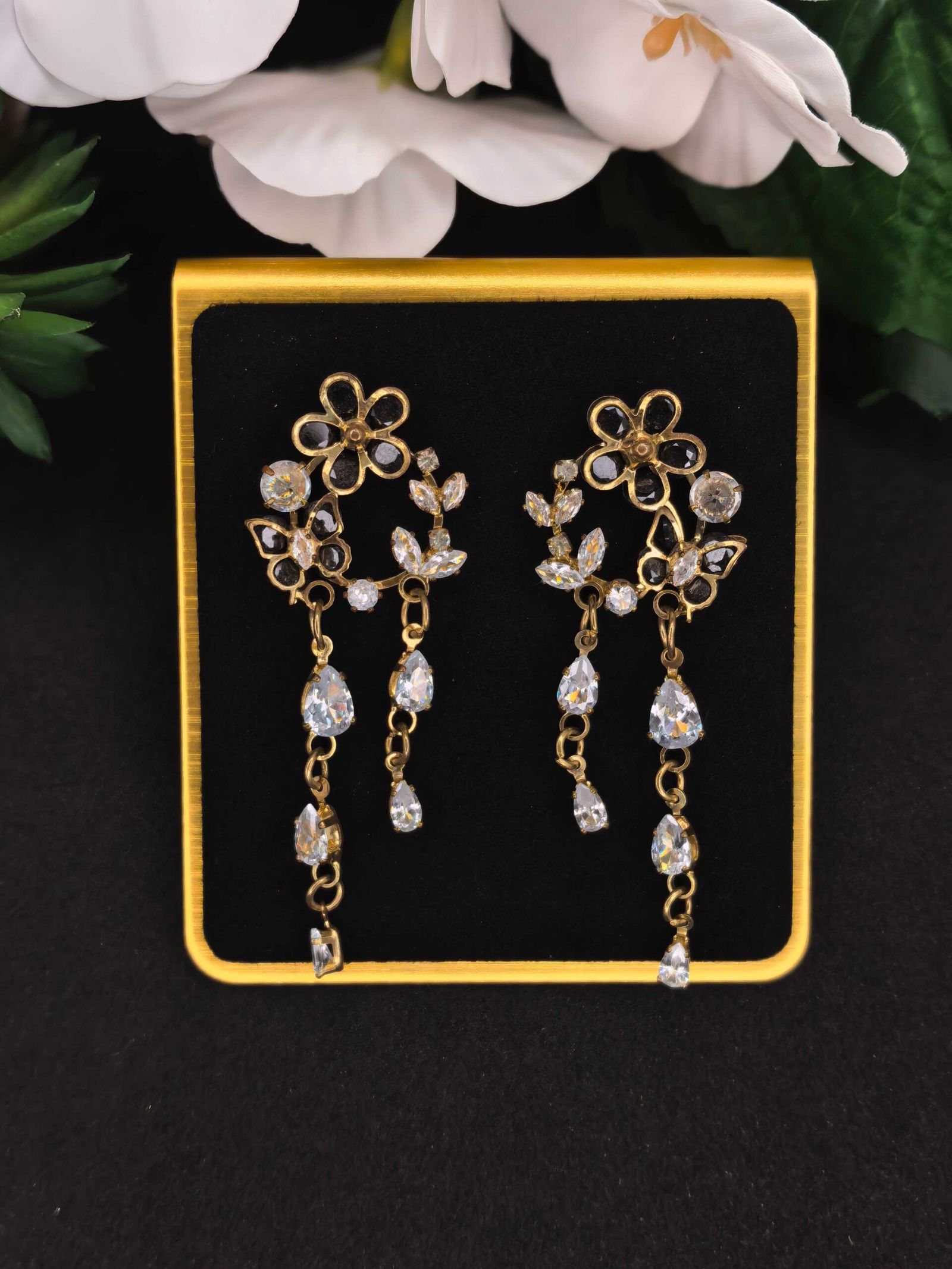 Gold Stone Dangling Floral Earrings with Black Stone for Women | মহিলাদের ব্ল্যাক স্টোন ও ফ্লোরাল গোল্ডেন ড্যাংলার ইয়াররিংস পার্টি ও বিয়ের জন্য - Image 5