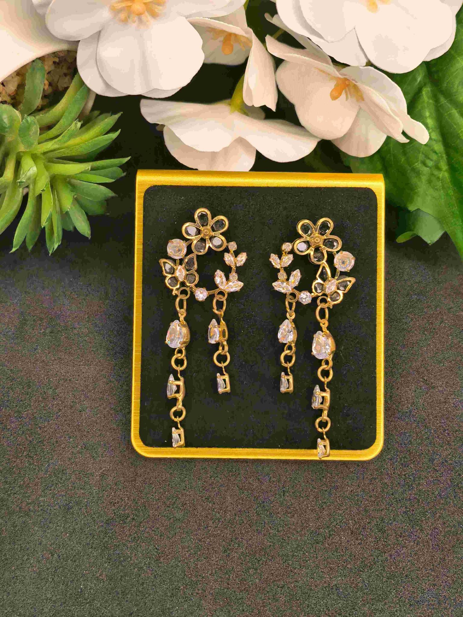 Gold Stone Dangling Floral Earrings with Black Stone for Women | মহিলাদের ব্ল্যাক স্টোন ও ফ্লোরাল গোল্ডেন ড্যাংলার ইয়াররিংস পার্টি ও বিয়ের জন্য - Image 6