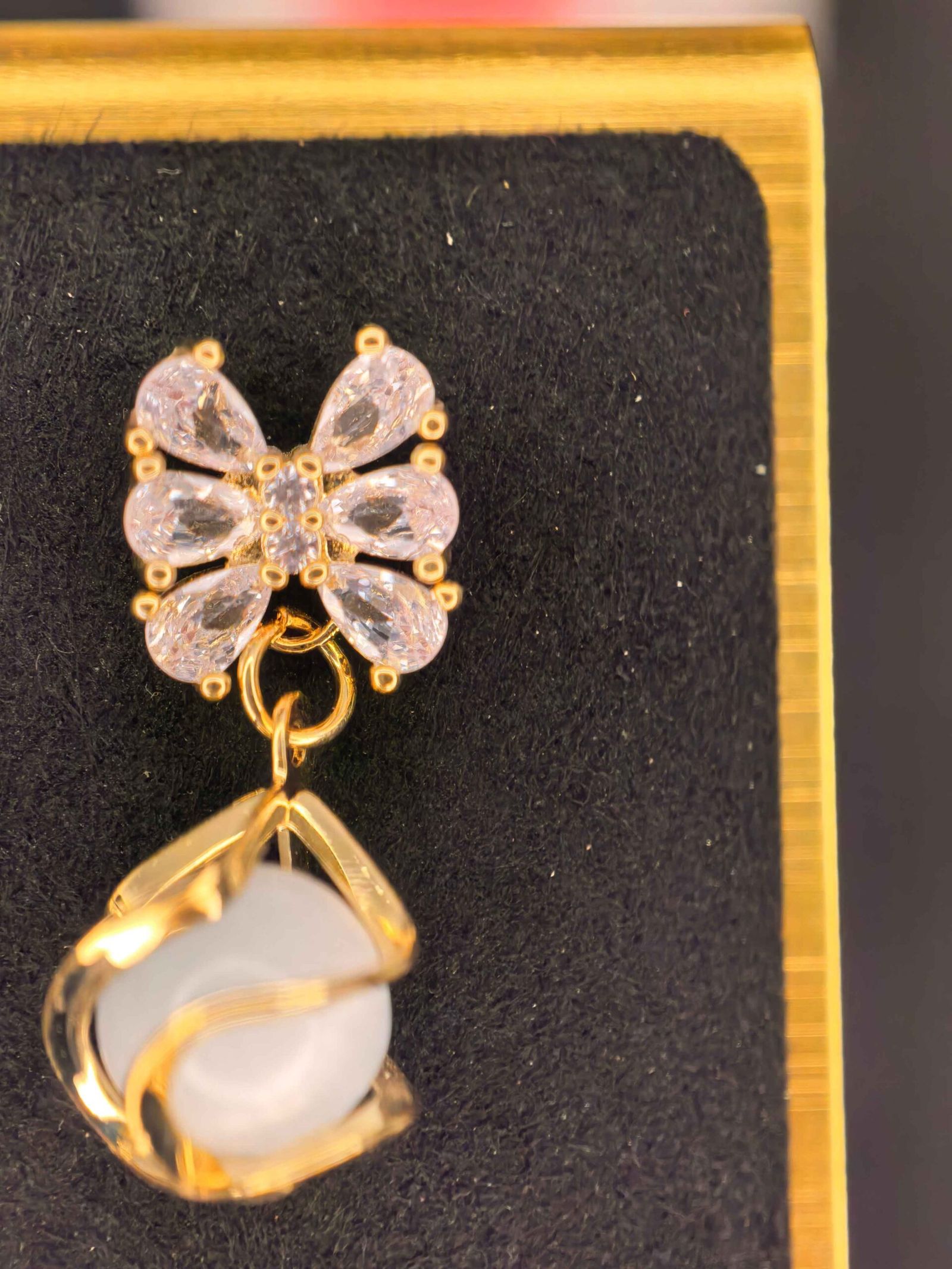 Gold Plated Butterfly Shape with Pearl Drop for Women | মহিলাদের বাটারফ্লাই ও পার্ল গোল্ডেন ড্রপ ইয়াররিংস পার্টি ও উৎসবের জন্য - Image 4