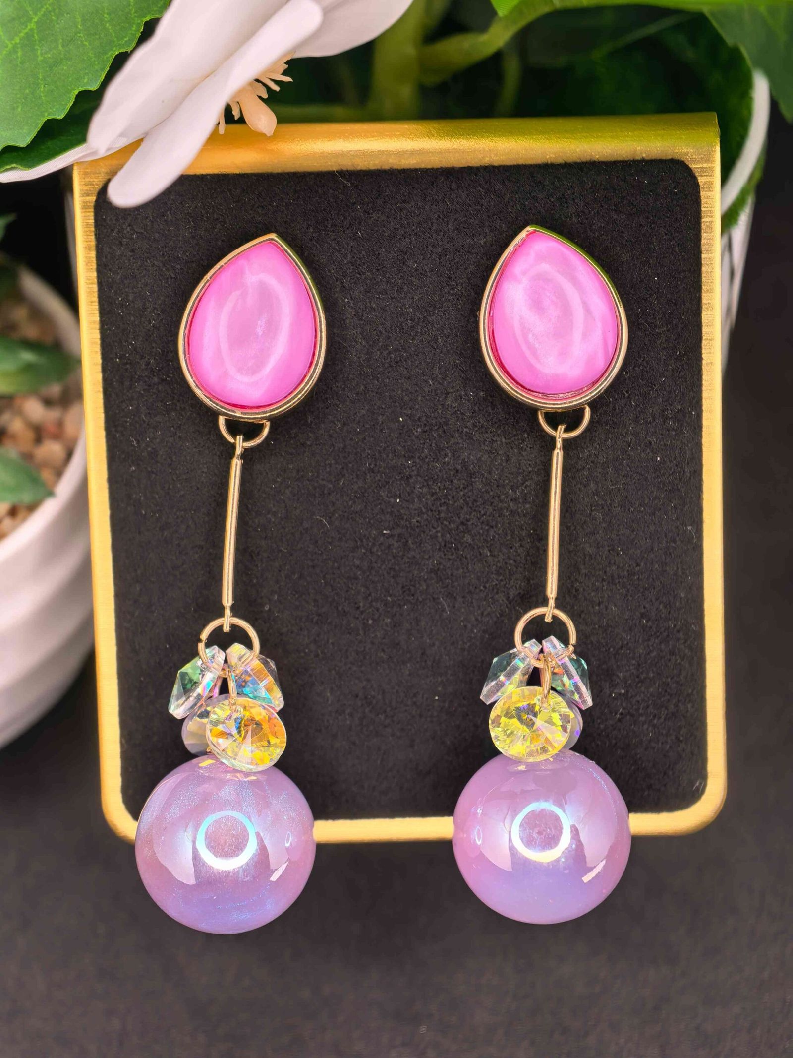 Gold Tone Drop Earings with Pink Teardrop Tops for Women | মহিলাদের পিঙ্ক টিয়ারড্রপ ও পার্ল গোল্ডেন ড্রপ ইয়াররিংস পার্টি ও উৎসবের জন্য - Image 2