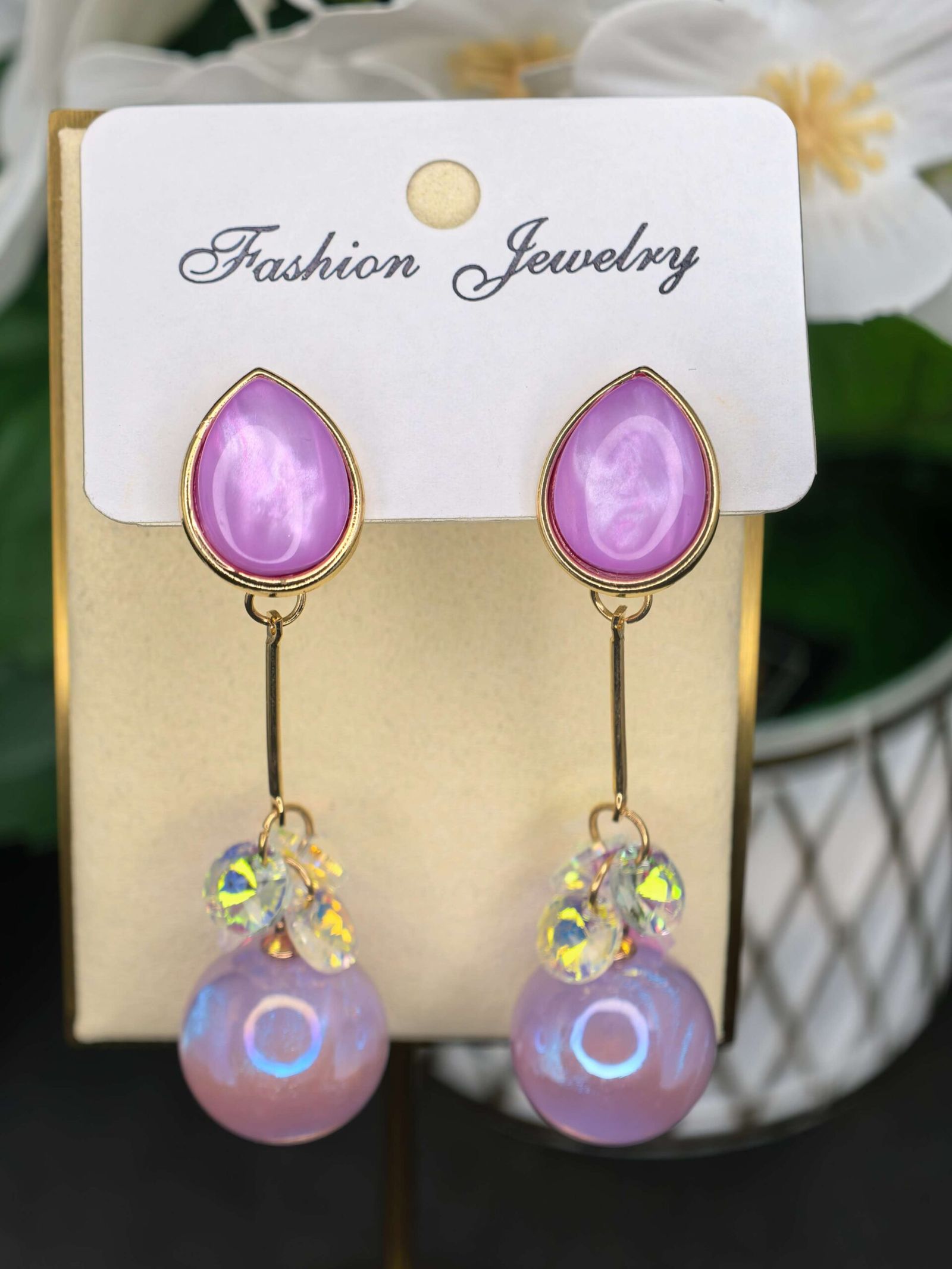 Gold Tone Drop Earings with Pink Teardrop Tops for Women | মহিলাদের পিঙ্ক টিয়ারড্রপ ও পার্ল গোল্ডেন ড্রপ ইয়াররিংস পার্টি ও উৎসবের জন্য - Image 3