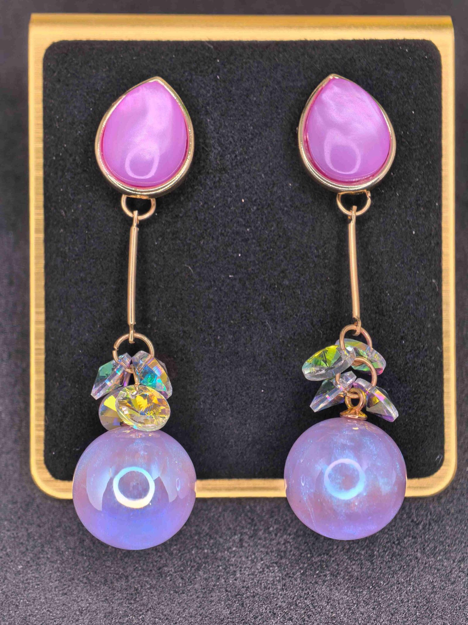 Gold Tone Drop Earings with Pink Teardrop Tops for Women | মহিলাদের পিঙ্ক টিয়ারড্রপ ও পার্ল গোল্ডেন ড্রপ ইয়াররিংস পার্টি ও উৎসবের জন্য - Image 4