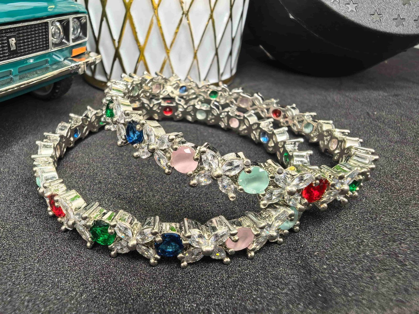 Multicolour American Diamond (AD) Stone Bangle Set for Women | মহিলাদের আকর্ষণীয় মাল্টিকালার স্টোন বালা পার্টি ও বিয়ের জন্য - Image 4