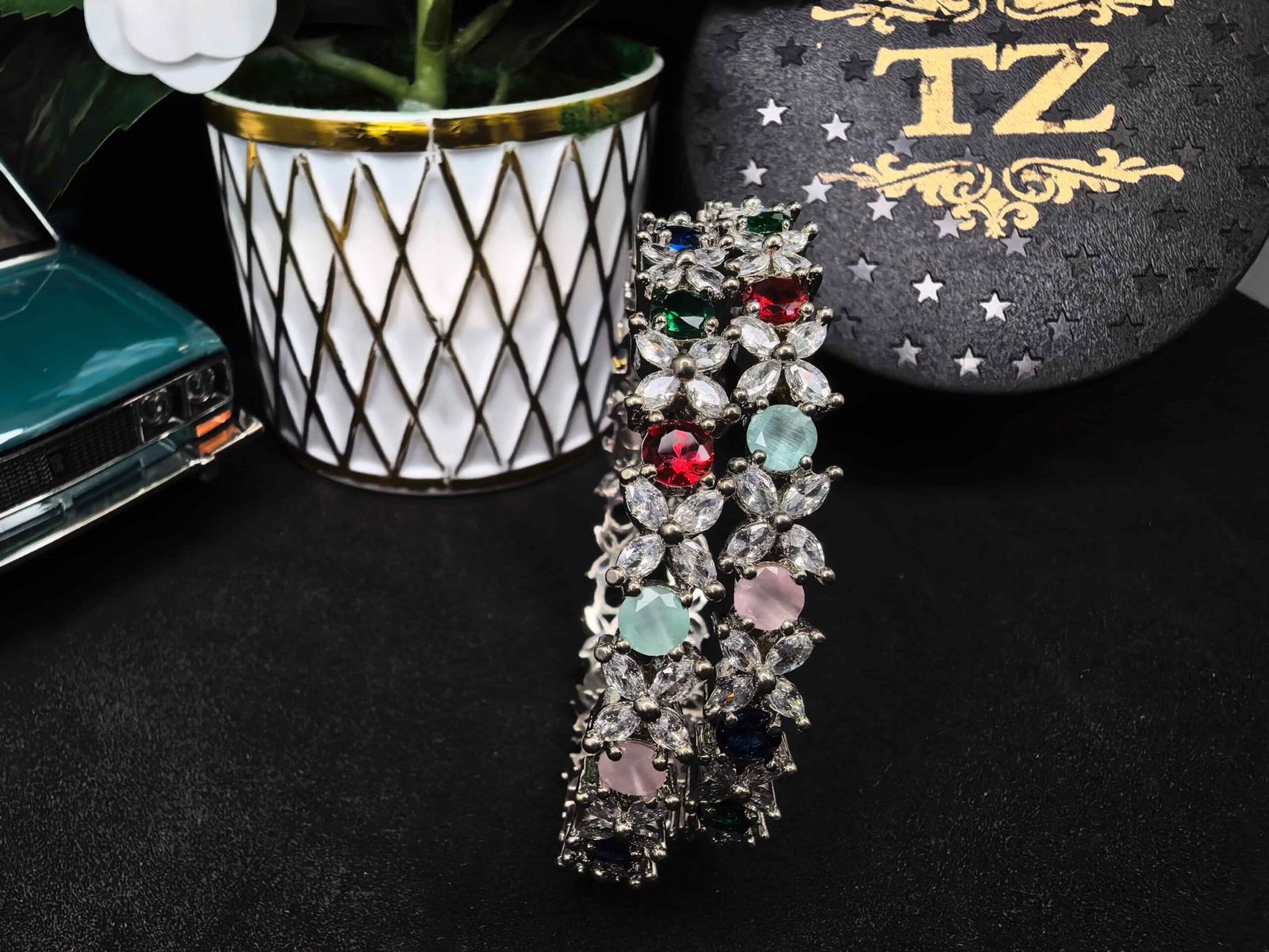 Multicolour American Diamond (AD) Stone Bangle Set for Women | মহিলাদের আকর্ষণীয় মাল্টিকালার স্টোন বালা পার্টি ও বিয়ের জন্য - Image 5