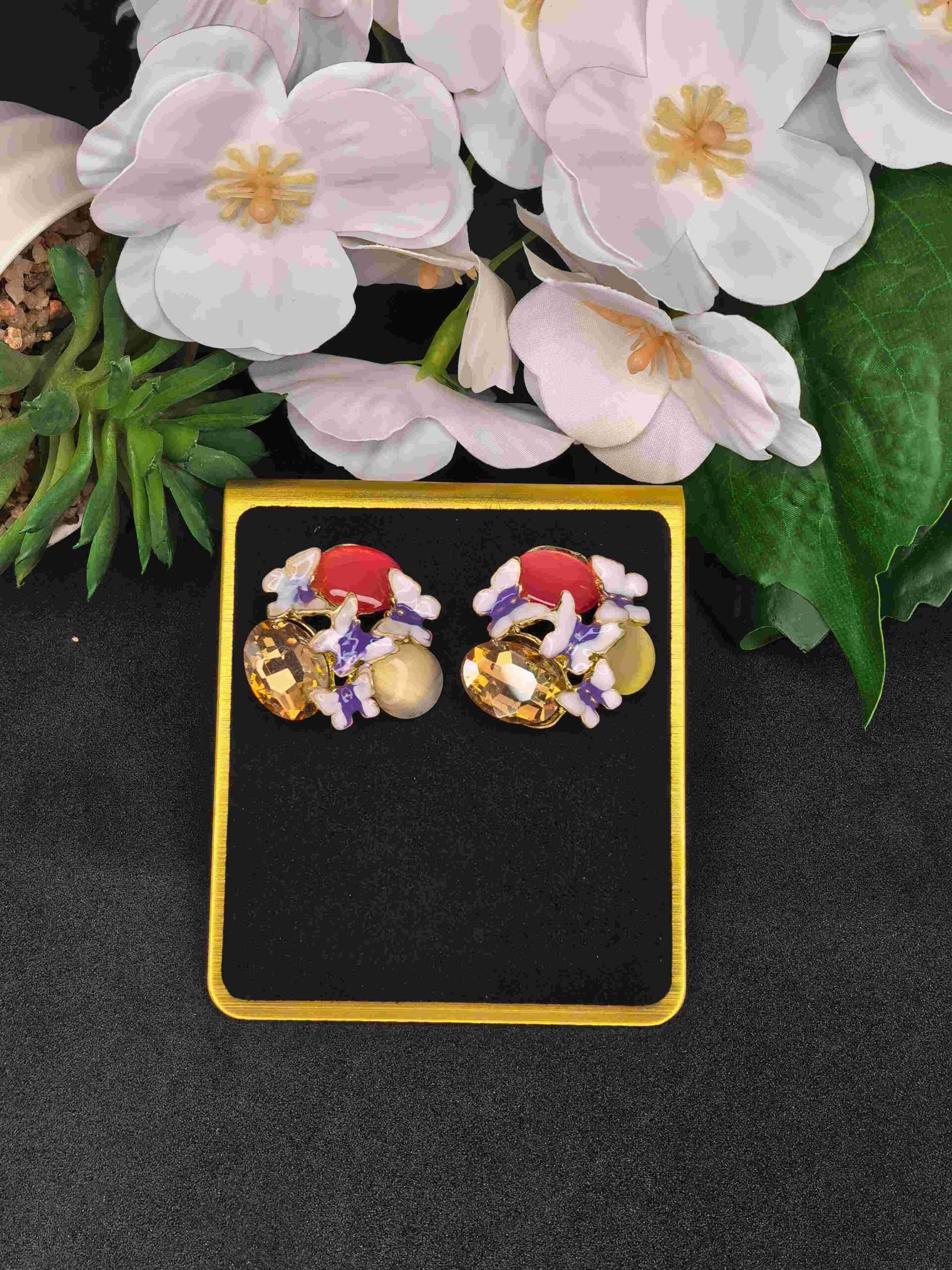 Multicolour Stone of Butterfly Shape Earings for Women | মহিলাদের মাল্টিকালার স্টোন ও এনামেল ফ্লোরাল গোল্ডেন ইয়াররিংস স্টাড পার্টি ব্যবহারের জন্য - Image 3