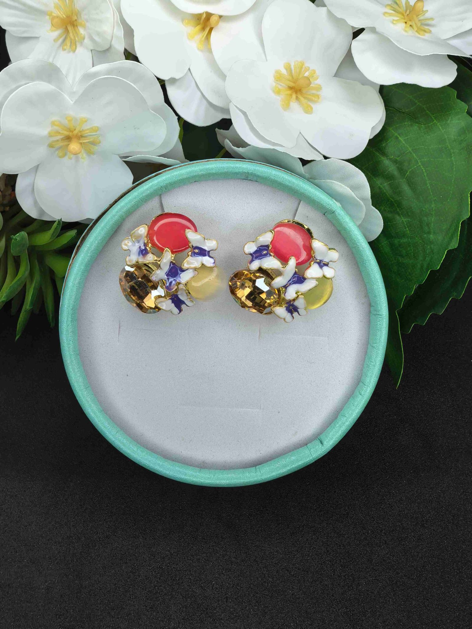 Multicolour Stone of Butterfly Shape Earings for Women | মহিলাদের মাল্টিকালার স্টোন ও এনামেল ফ্লোরাল গোল্ডেন ইয়াররিংস স্টাড পার্টি ব্যবহারের জন্য - Image 4