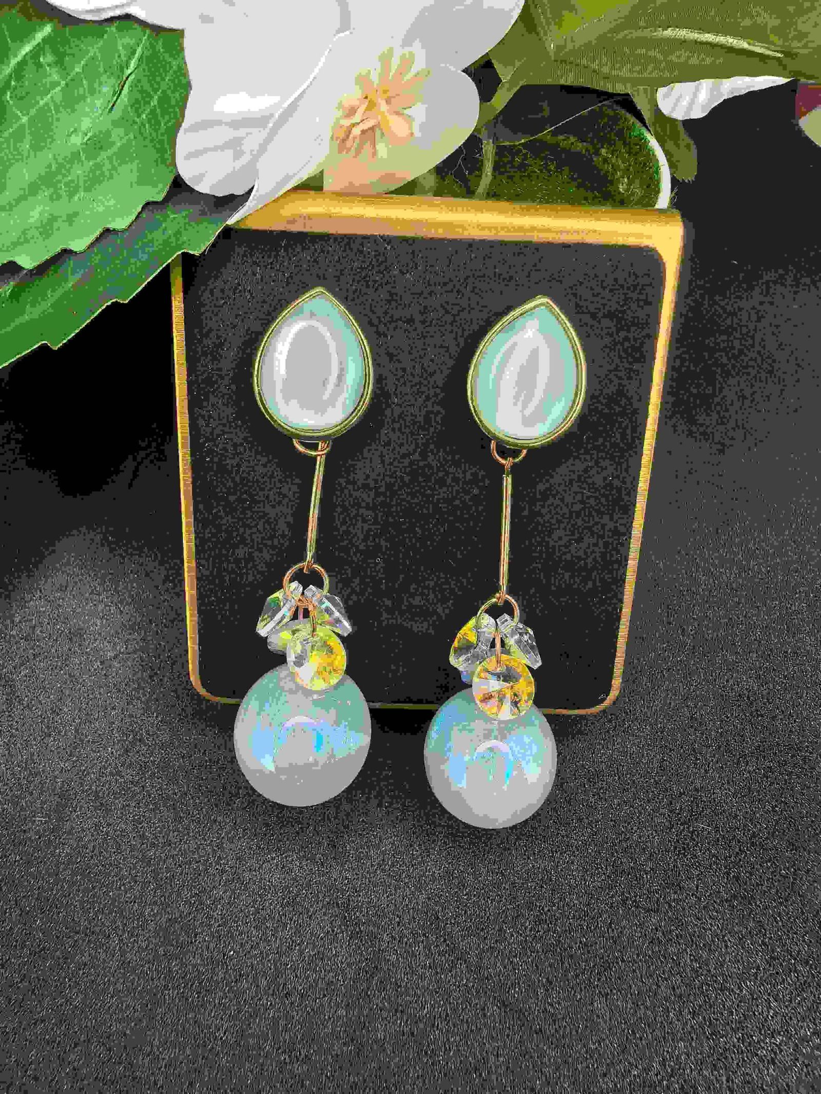 Teardrop Stud Earrings with Light Blue Spherical Dangle for Women | মহিলাদের আকাশী টিয়ারড্রপ ও পার্ল গোল্ডেন ড্রপ ইয়াররিংস পার্টি ও উৎসবের জন্য - Image 3