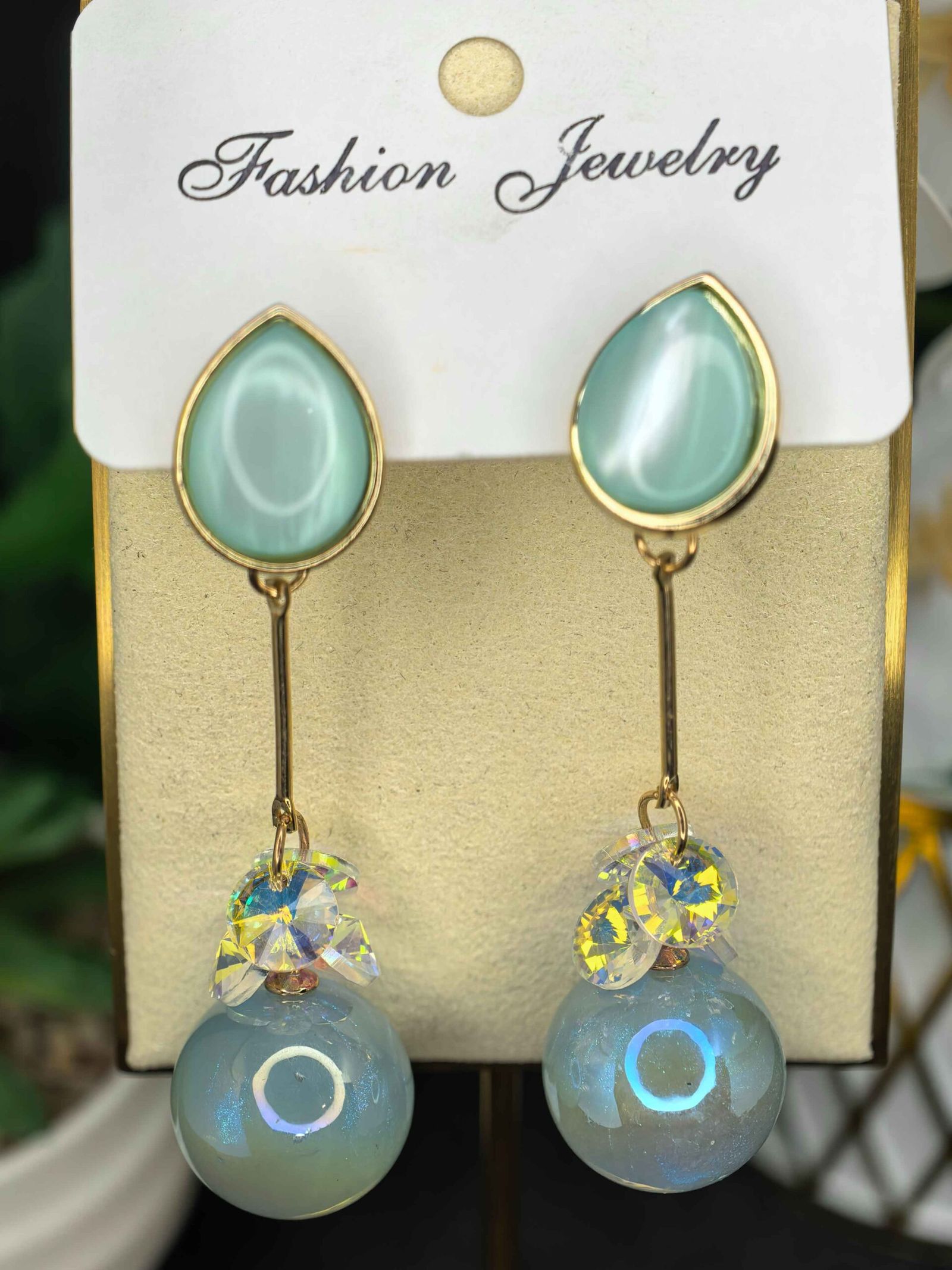 Teardrop Stud Earrings with Light Blue Spherical Dangle for Women | মহিলাদের আকাশী টিয়ারড্রপ ও পার্ল গোল্ডেন ড্রপ ইয়াররিংস পার্টি ও উৎসবের জন্য - Image 5
