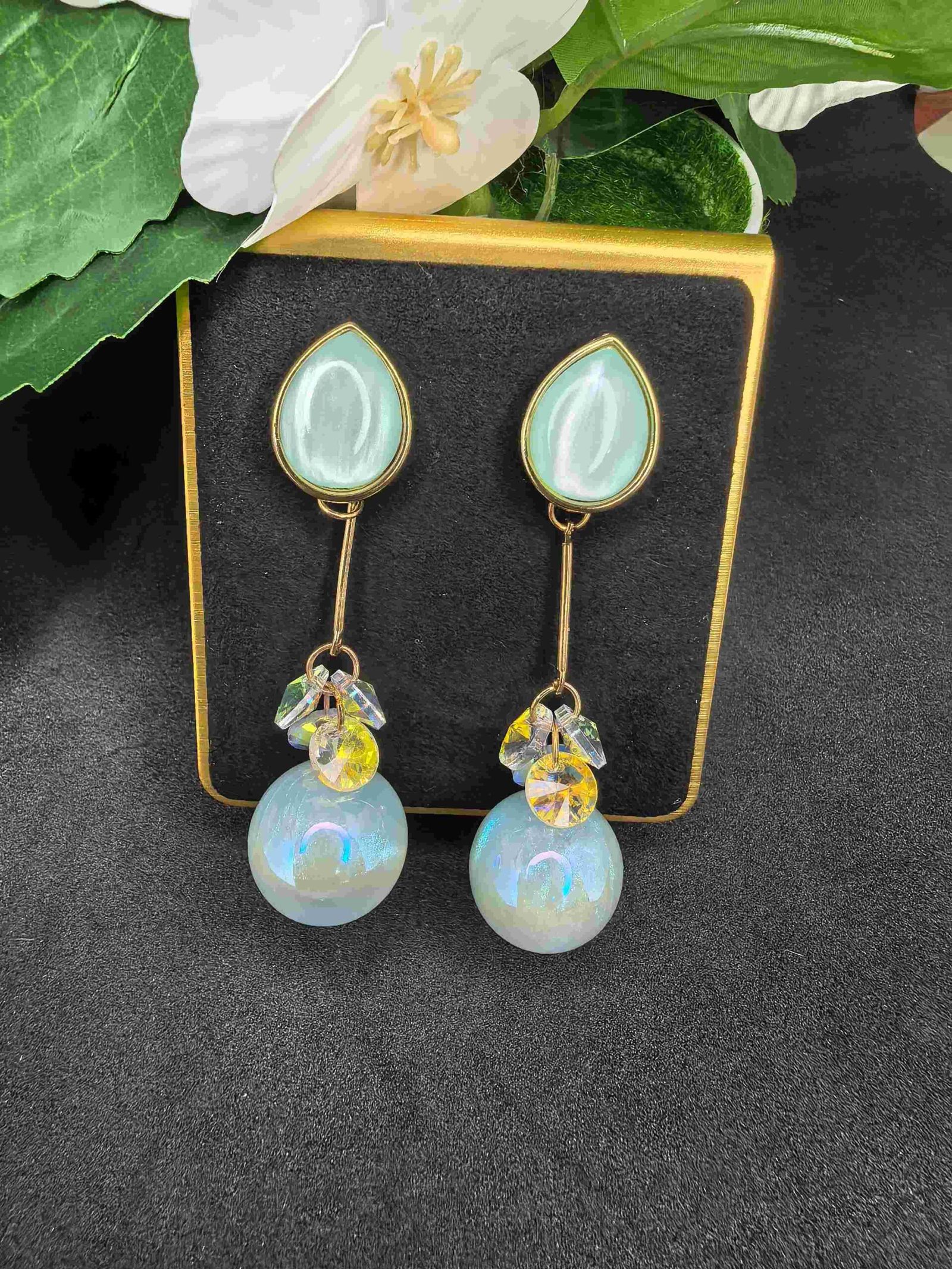 Teardrop Stud Earrings with Light Blue Spherical Dangle for Women | মহিলাদের আকাশী টিয়ারড্রপ ও পার্ল গোল্ডেন ড্রপ ইয়াররিংস পার্টি ও উৎসবের জন্য - Image 4