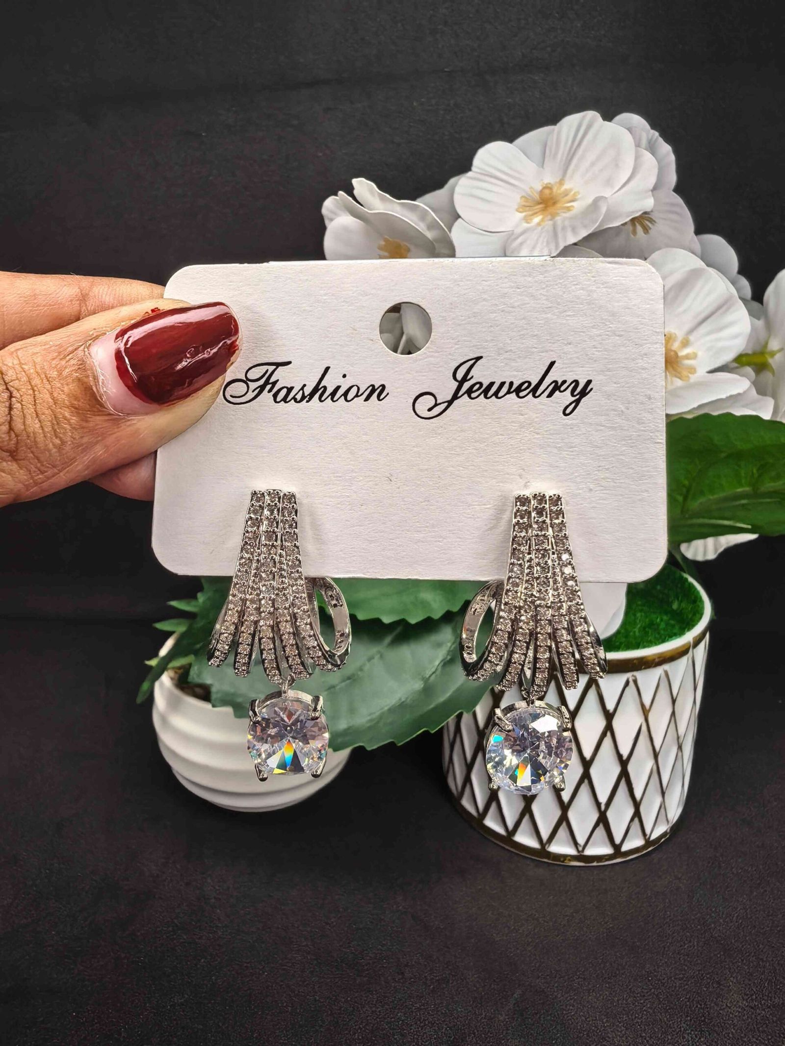 Women’s Silver Long Dangle Earrings with Cubic Zirconia Stones | মহিলাদের স্টার্লিং সিলভার ও জিরকন স্টোন লাক্সারি ড্যাংলার ইয়াররিংস পার্টি ব্যবহারের জন্য - Image 4