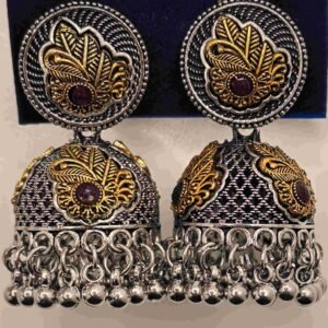 Dual-Tone Oxidized Leaf Jhumka Earrings with Red Stone-মহিলাদের ডুয়াল-টোন অক্সিডাইজড লিফ ঝুমকা লাল স্টোনসহ, পার্টি ও বিয়েতে স্টাইলের জন্য