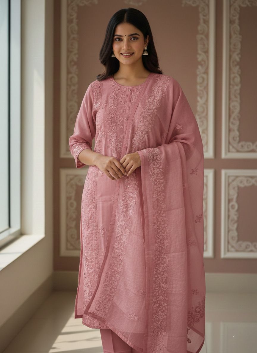 Elegant Pink Embroidered Cotton Kurta Set with Organza Dupatta (সুতি কুর্তা সেট) - Image 2