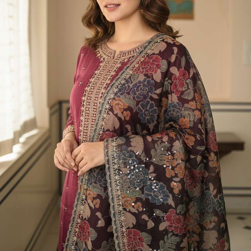 Elegant Maroon/Wine Embroidered Kurta Pant Set with Floral Dupatta- সুতি কুর্তা সেট - Image 2