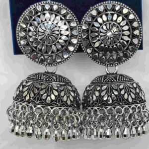 Oxidizes silver jhumka earrings featuring a mandala design-মহিলাদের অক্সিডাইজড সিলভার ঝুমকা ম্যান্ডালা ডিজাইনসহ, পার্টি ও বিয়েতে স্টাইলের জন্য