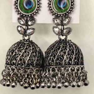 Oxidized silver peacock feather jhumka earrings-মহিলাদের অক্সিডাইজড সিলভার পীকক ফেদার ঝুমকা, পার্টি ও বিয়েতে স্টাইলের জন্য