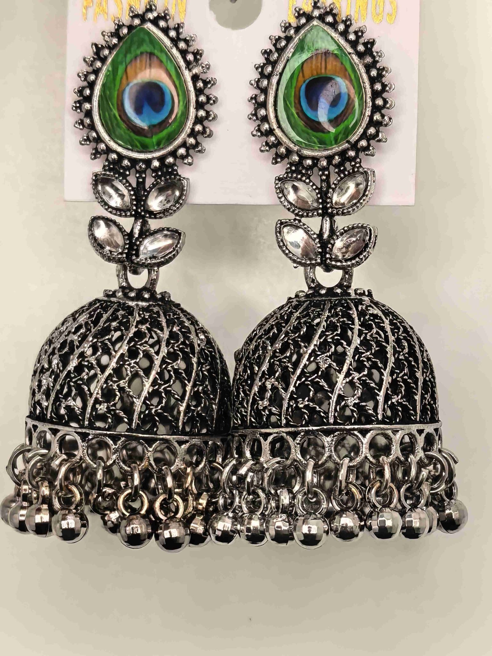 Oxidized silver peacock feather jhumka earrings-মহিলাদের অক্সিডাইজড সিলভার পীকক ফেদার ঝুমকা, পার্টি ও বিয়েতে স্টাইলের জন্য