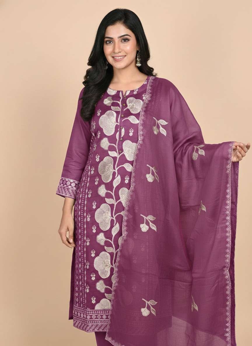 Elegant Purple Floral Embroidered Cotton Kurta Set with Dupatta-সুতি কুর্তা সেট
