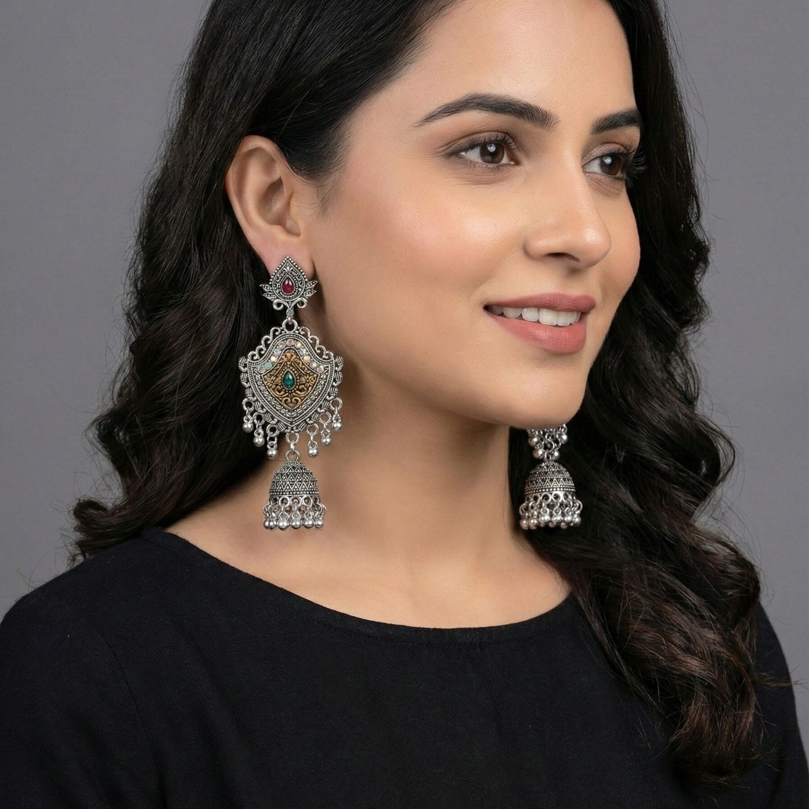 Traditional Indian Ethnic Earrings with Red and Green Stones | মহিলাদের ট্র্যাডিশনাল এথনিক ইয়াররিংস পার্টি ও বিয়ের জন্য - Image 2