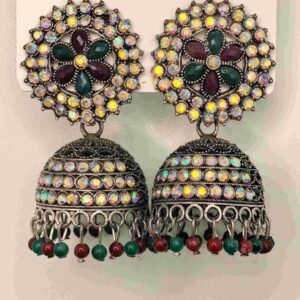 Traditional indian oxidized jhumka green and red stone-মহিলাদের অক্সিডাইজড ইন্ডিয়ান ঝুমকা সবুজ-লাল স্টোনসহ, পার্টি ও বিয়েতে স্টাইলের জন্য