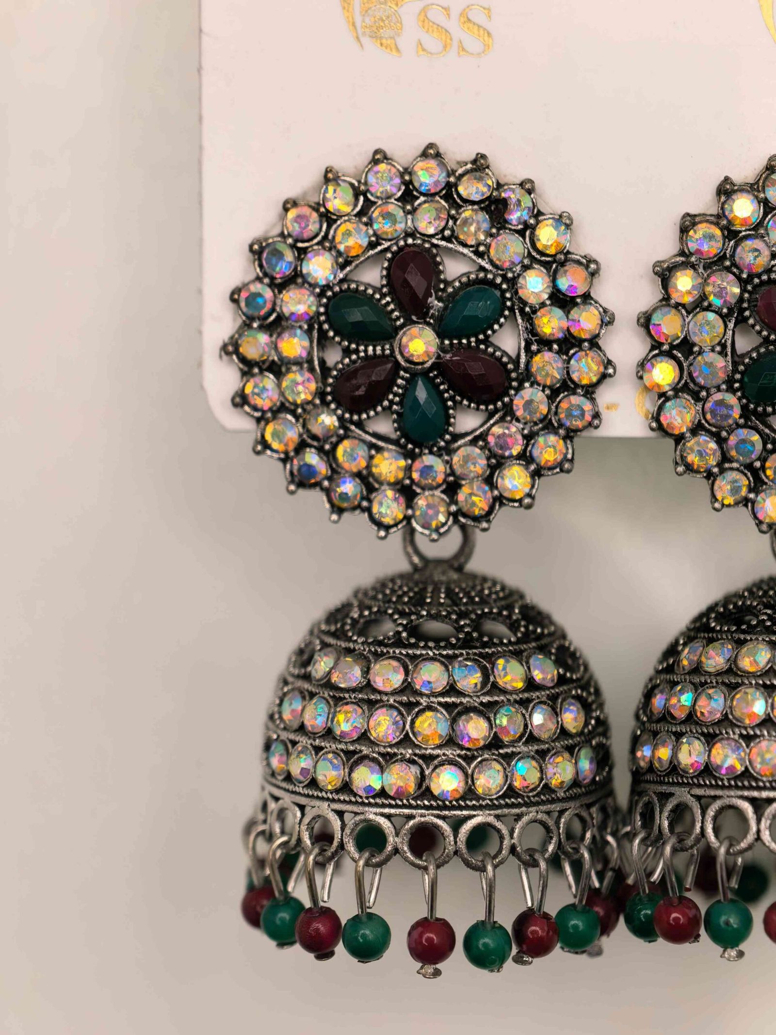 Traditional Indian Oxidized Jhumka with Green and Red Stones | মহিলাদের ট্র্যাডিশনাল অক্সিডাইজড ঝুমকা পার্টি ও বিয়ের জন্য - Image 3