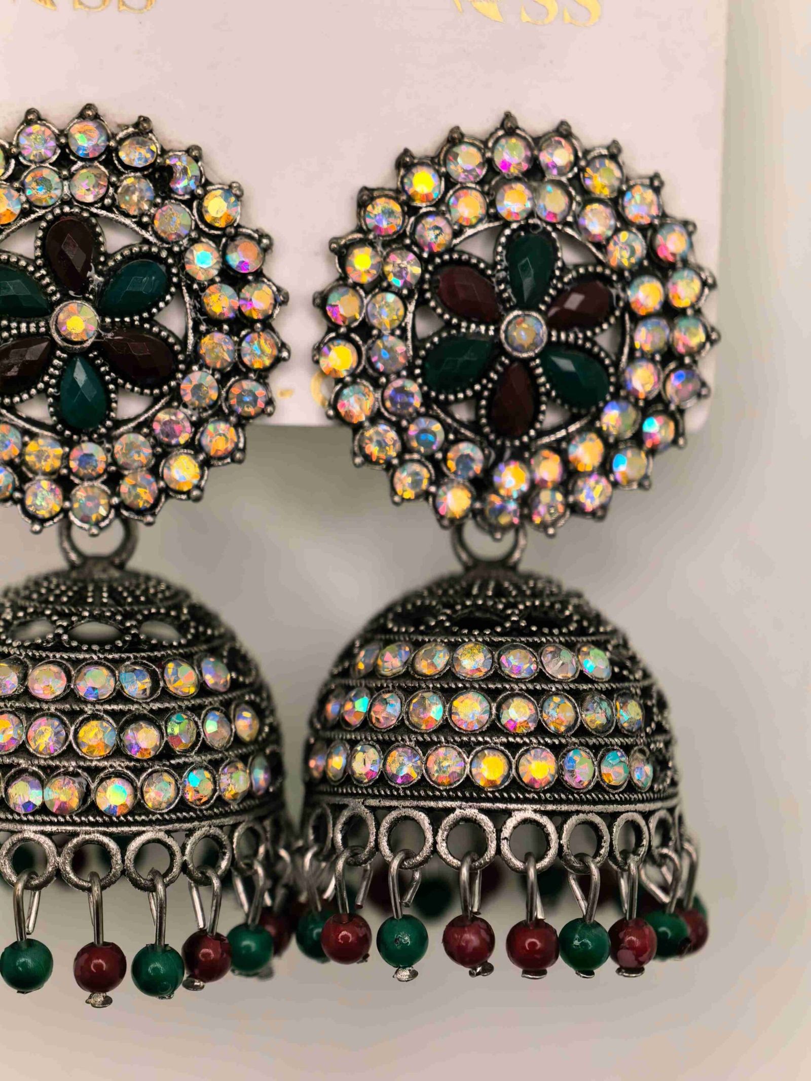 Traditional Indian Oxidized Jhumka with Green and Red Stones | মহিলাদের ট্র্যাডিশনাল অক্সিডাইজড ঝুমকা পার্টি ও বিয়ের জন্য - Image 2