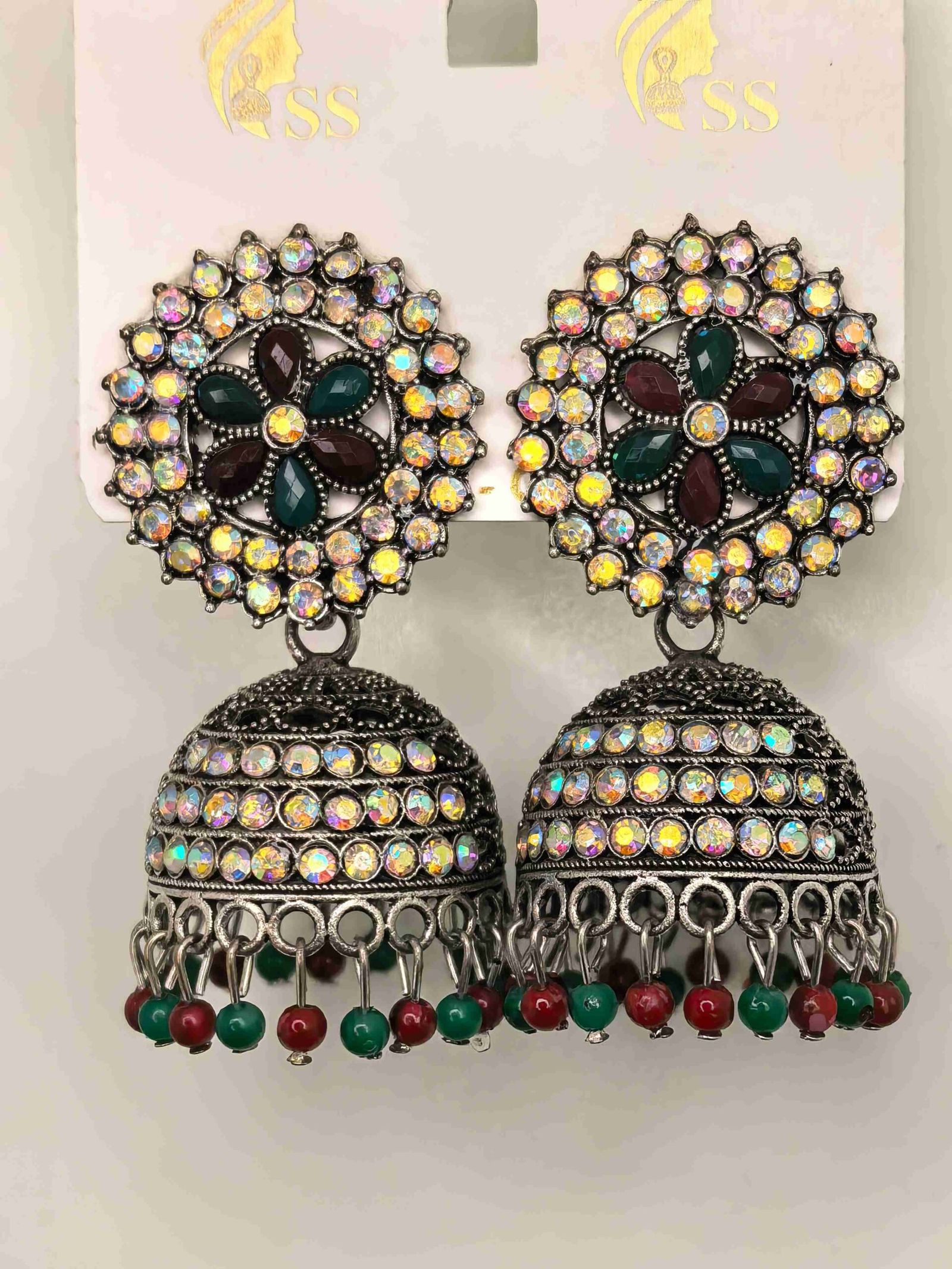 Traditional Indian Oxidized Jhumka with Green and Red Stones | মহিলাদের ট্র্যাডিশনাল অক্সিডাইজড ঝুমকা পার্টি ও বিয়ের জন্য - Image 4