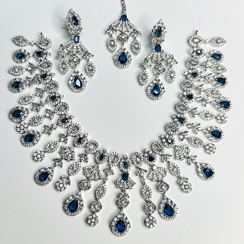 3 Pieces Diamond Cut Necklace with Matching Earrings – মহিলাদের বিয়ে ও পার্টির জন্য হেভি ব্রাইডাল জিরকোনিয়া নেকলেস সেট - Image 5
