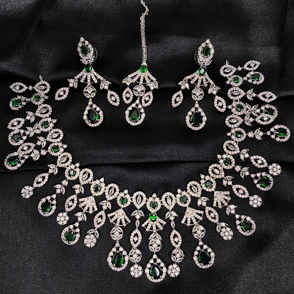 3 Pieces Diamond Cut Necklace with Matching Earrings – মহিলাদের বিয়ে ও পার্টির জন্য হেভি ব্রাইডাল জিরকোনিয়া নেকলেস সেট - Image 2