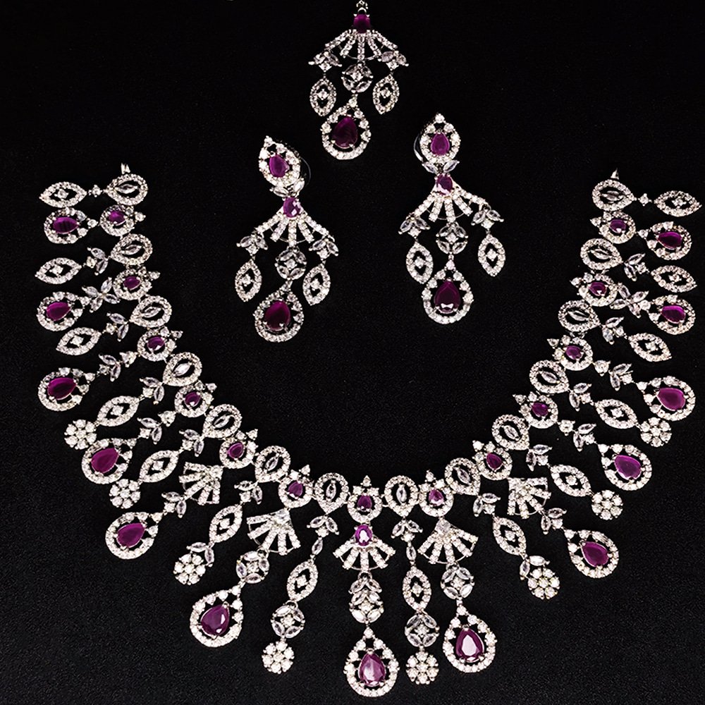 3 Pieces Diamond Cut Necklace with Matching Earrings – মহিলাদের বিয়ে ও পার্টির জন্য হেভি ব্রাইডাল জিরকোনিয়া নেকলেস সেট - Image 13