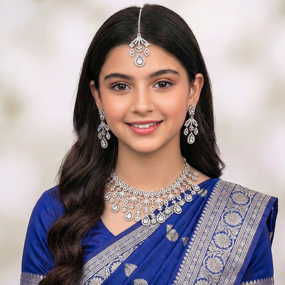 3 Pieces Diamond Cut Necklace with Matching Earrings – মহিলাদের বিয়ে ও পার্টির জন্য হেভি ব্রাইডাল জিরকোনিয়া নেকলেস সেট - Image 12