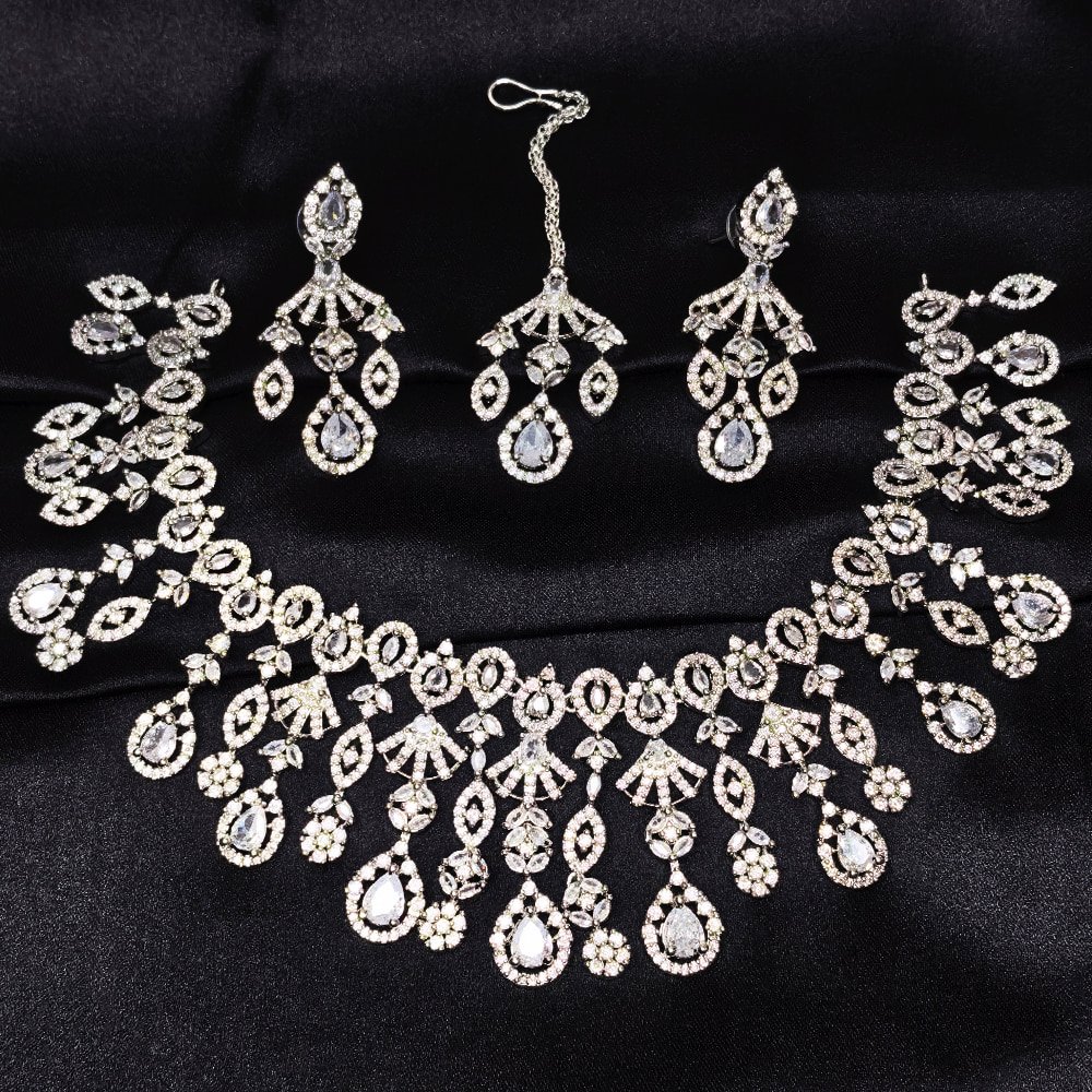 3 Pieces Diamond Cut Necklace with Matching Earrings – মহিলাদের বিয়ে ও পার্টির জন্য হেভি ব্রাইডাল জিরকোনিয়া নেকলেস সেট - Image 11