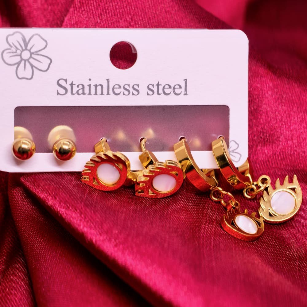 Gold plated 3set earings combo – মহিলাদের জন্য প্রিমিয়াম ৩ জোড়া গোল্ড প্লেটেড কানের দুলের কম্বো সেট