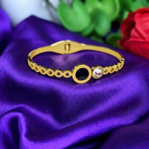Gold Plated Bracelet with Black Circle Design and White Stone