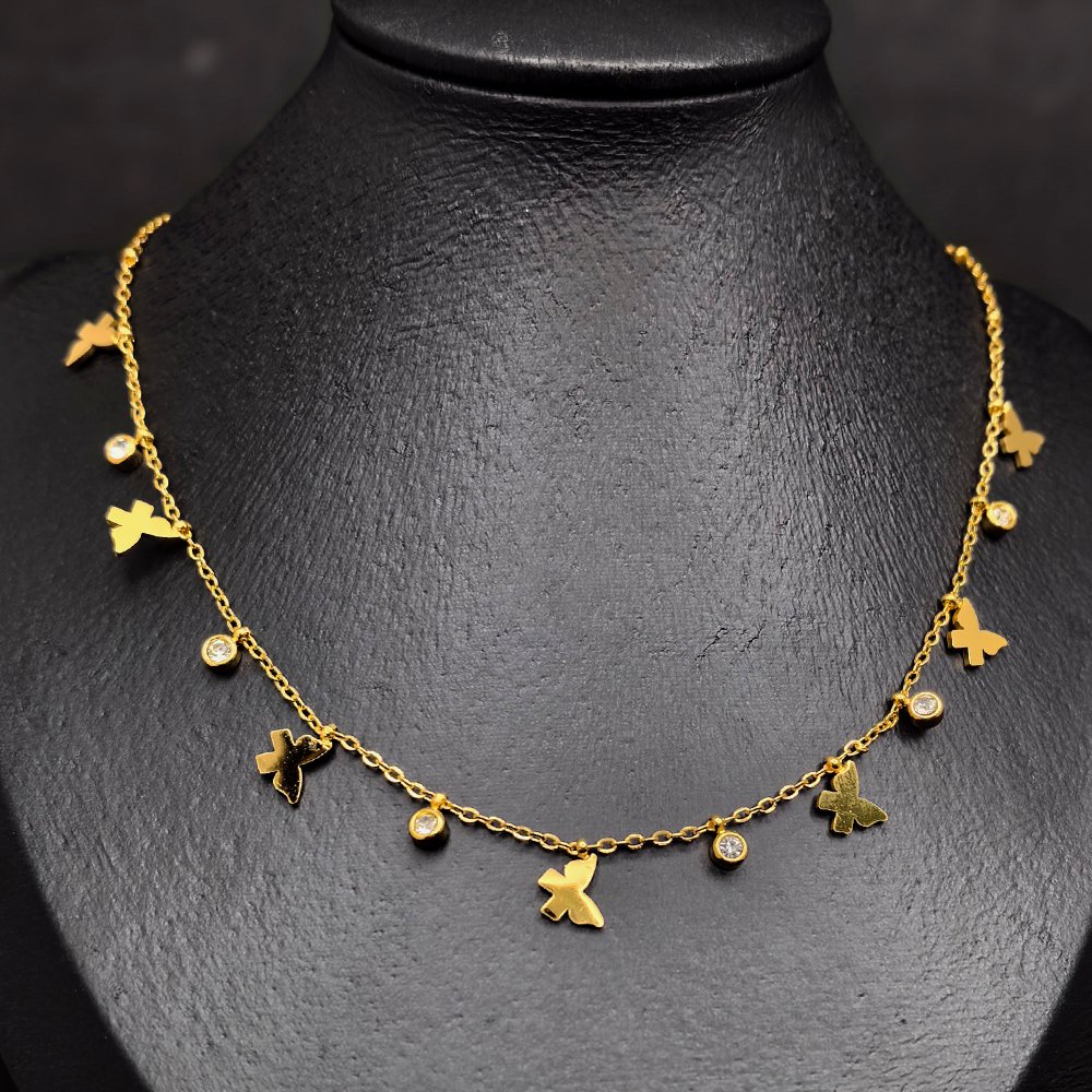 Gold plated stainless steel with butterfly shape and crystal stone – মহিলাদের জন্য মাল্টি-লেয়ার বাটারফ্লাই ও ক্রিস্টাল নেকলেস