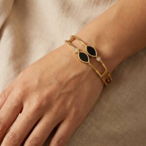 gold plated hinged bangle with black heart enamel for women