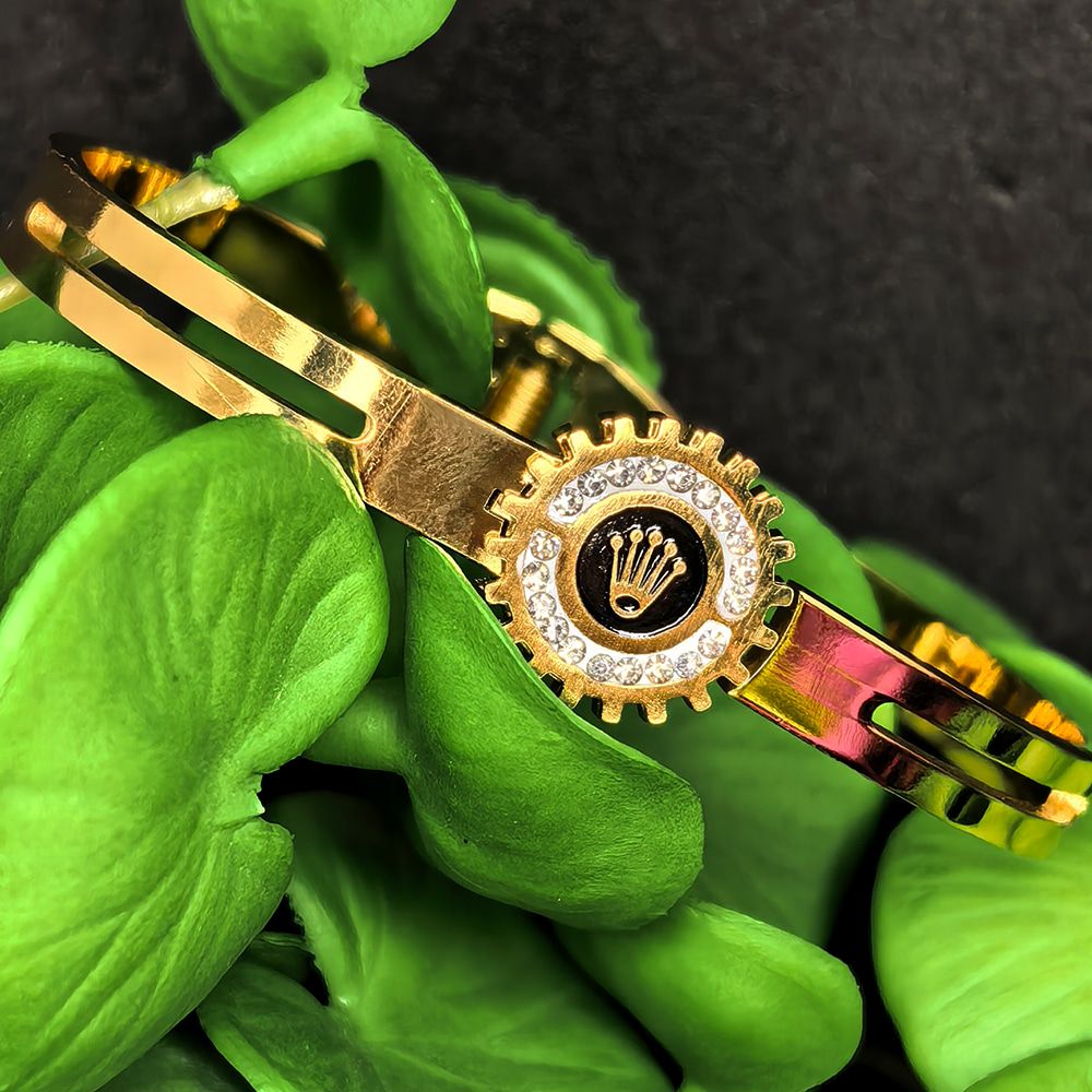 Gold-Plated Rolex-Style Cuff Bracelet with Crystal & Gear Design – মহিলাদের জন্য প্রিমিয়াম স্টাইলিশ কাফ ব্রেসলেট - Image 2