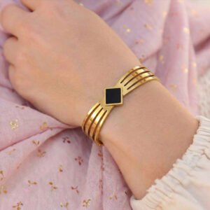 gold plated stainless steel bracelet with black square design for women