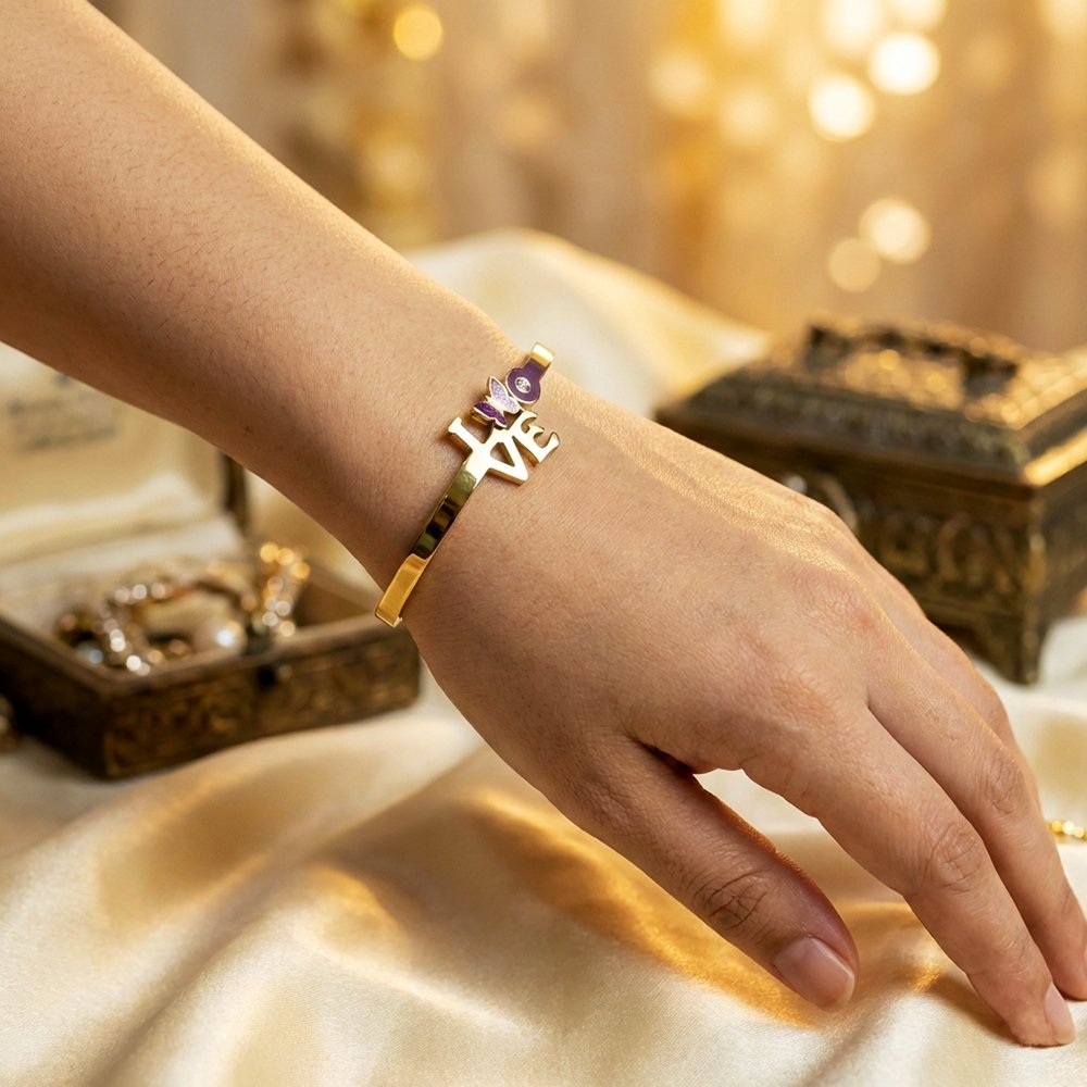 Gold Plated Stainless Steel Butterfly Open Cuff Bangle – মহিলাদের জন্য জিরকন অ্যাকসেন্ট সহ স্টাইলিশ বাটারফ্লাই ওপেন কাফ ব্রেসলেট