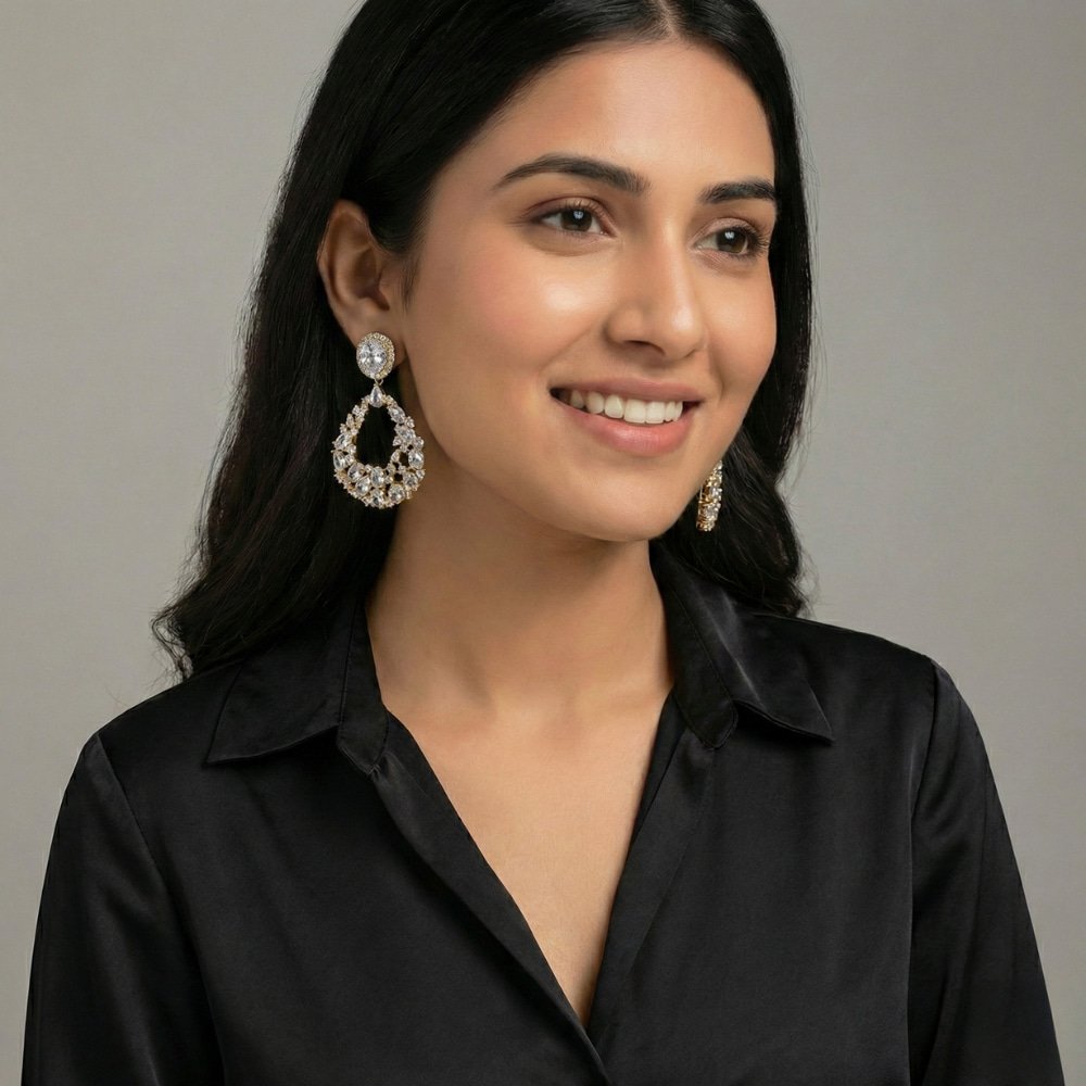 American diamond-studded drop earrings-মহিলাদের পার্টি, ফ্যাশন ও বিয়ের জন্য স্টাইলিশ আমেরিকান ডায়মন্ড ড্রপ ইয়াররিং